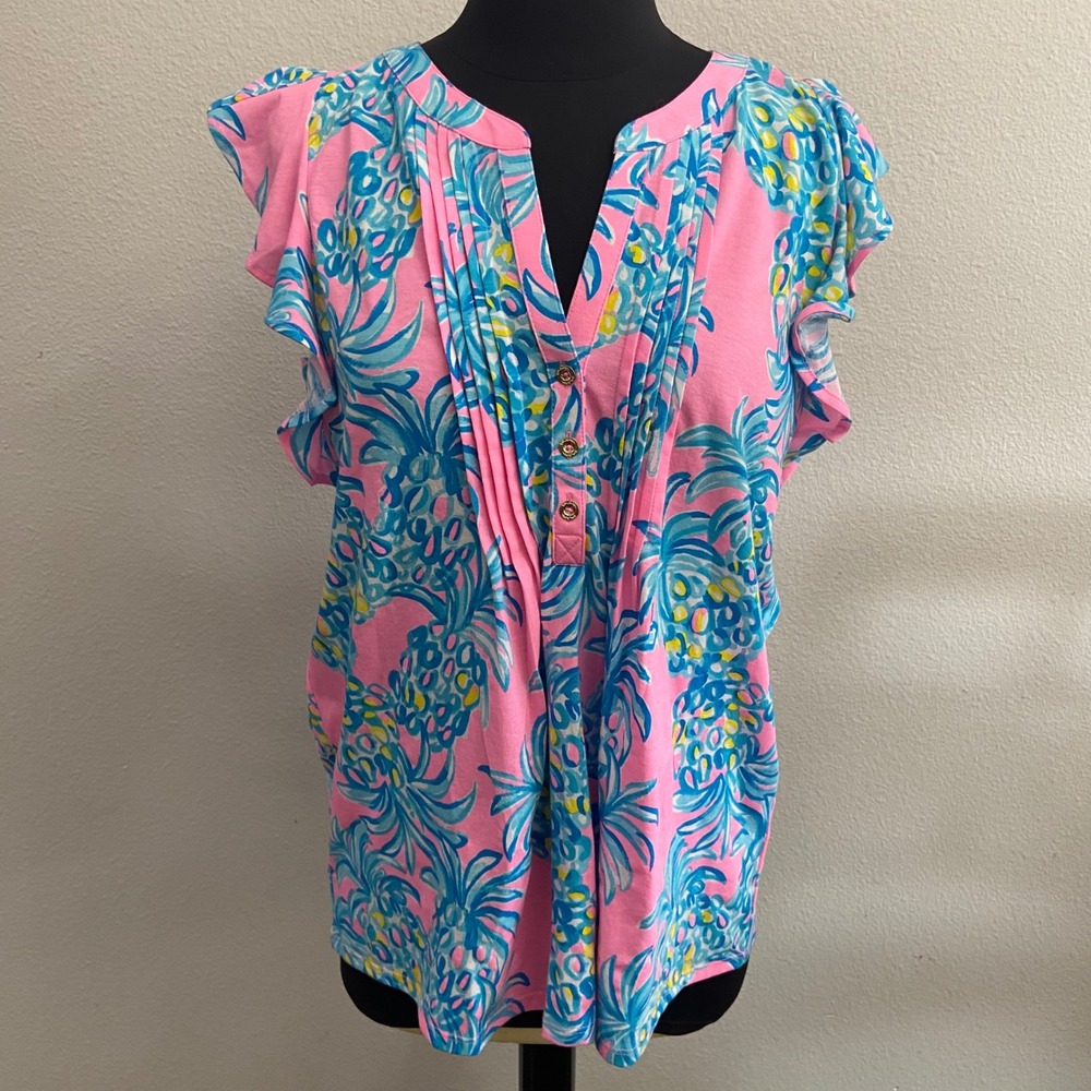 Lilly Pulitzer Women's M Pelican Pink Beat the Heat Ruffle Sleeve Button New‎
